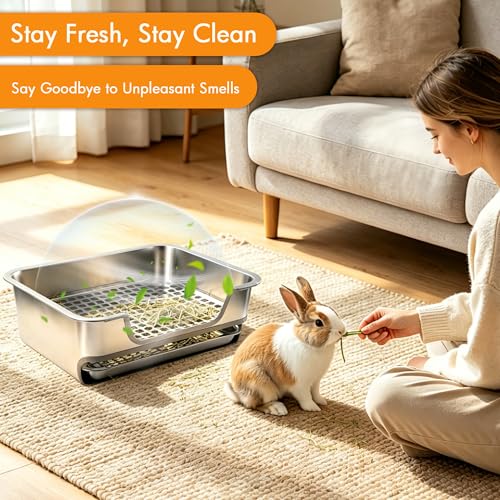 MCEAST Extra Large Stainless Steel Rabbit Litter Box, Pull-Out Bunny Potty Pan with Metal Grid, Rabbit Cage Bathroom Set Includes Pee Pads Cleaning Set for Small Animals (17.7" x 13.8" x 5.9")