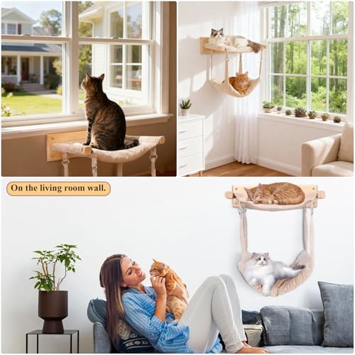 JSPYFITS Wooden Cat Furniture Wall Mounted, Double Layer Hammock, Large Size 18.9″ Removable Multi-Function Cat Bed for Sleep/Play/Climb, Kitten Window Perch, Easy DIY Installation(Beige) - color: Beige