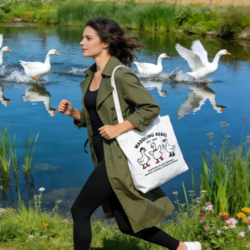 ANATTASOUL Canvas Tote Bag Reusable Cotton Bag for Women, Large 14.96"x 15.74" Cloth Shoulder Bags with Zipper Pockets - style: Goose With Sunglasses