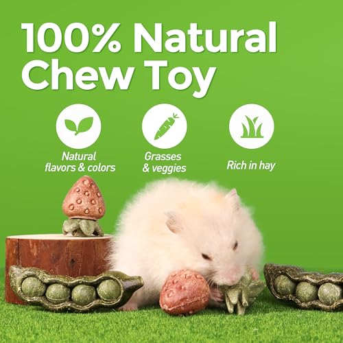 TEEWY 4PCS Guinea Pig Toys, Prevent Teeth Overgrowth, Natural Vegetables and Timothy Grass, Hamster Chew Toys, Guinea Pig Chew Toys, Chinchilla Toys, Peapod and Stawberry Chew Toy Set - style: 4PCS-Peapod and Stawberry