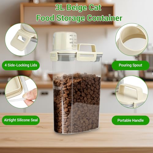 Cat Dog Food Storage Container, 3–5Lbs Portable Pet Food Storage Containers with Cup & Silicone Can Lids for Canned Food Spoon, Small Animal Kibble Dispenser for Bird Seed Cereals Clear/Beige