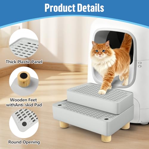 Extra Large 2 Steps Cat Litter Box Step Ramp, Cat Litter Catcher Mat with Wooden Feet, Filter Function, Cat's Pedal Stool for Self-Cleaning Litter, Suitable Kitten & Elderly Cats (Light Grey)