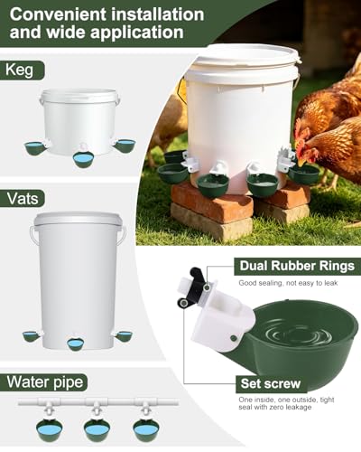 Chicken Waterer Cups (16 Pack) with 3/8" Drill Bit - Green | Automatic Poultry Drinker Feeder Kit for Chickens, Ducks, Turkeys, Quail, Bunnies | DIY Gravity Fed Bucket Water Dispenser - color: Green, size: 16 Pack + Drill bit