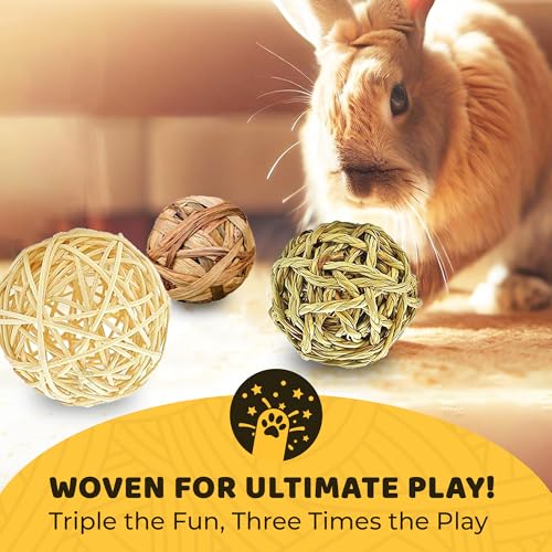 SunGrow 3 Pack Rabbit Chew Ball, Assorted Grass Teething Toy for Small Pocket Pet, Dental Wear Support, Boredom Relief Activity, Safe Woven Treat Enrichment for Bunny Guinea Pig Hamster Rat