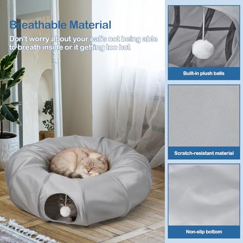 Cat Tunnel Bed with 2Pcs Interactive Toys, 3-in-1 DIY Collapsible Plush Cat Tube with Washable Mat, Large Indoor Play Tunnel Cave for Kittens and Small Animals - color: Cool Gray