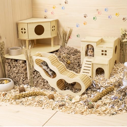BreezeHug 4 Pcs Hamster Cage Accessories Hamster Platform Hideout Wooden Tunnel Ladder Playhouse Game Climbing Toy with Platform for Pets Dwarf Syrian Mice Degus Gerbils Squirrel(Spy Villa) - style: Spy Villa