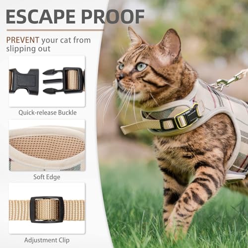 PUPTECK Soft Mesh Cat Vest Harness and Leash Set Puppy Padded Pet Harnesses Escape Proof for Cats Small Dogs Rabbits Bunny, Plaid Beige, M - color: Beige(Plaid), size: M(NECK 7", CHEST 10.5", 4-6 lbs)