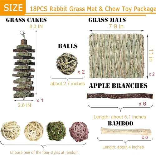Bunny Grass Bed Mat 18Pcs Rabbit Chew Toys Set Hand-Made Woven Hay Mat | Wood&Bamboo Sticks and Timothy Grass Cake&Ball,Small Animals Teeth Grinding Chew Treat Toy for Guinea Pig - size: 18PCS Bunny Chew Toys