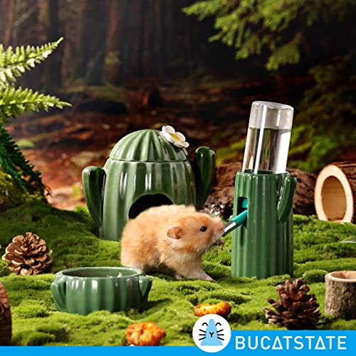 BUCATSTATE Cactus Ceramic Leakproof Hamster Water Bottle Gerbils Water Bottles with Holder Water Feeder for Small Animals (Green)