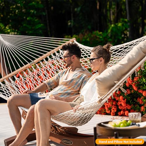 Lazy Daze 13 Ft Double Handwoven Polyester Rope Hammock with Tree Straps | Mesh Hammock for 2 Person, with Spreader Bar, Carabiners, Chains for Outside, Backyard, Patio, 450 Lbs Capacity - color: Natural