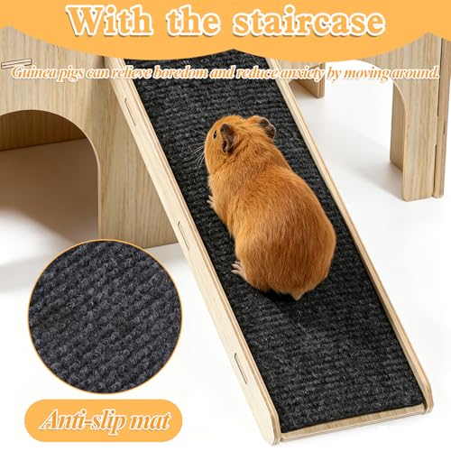 Large Guinea Pig Castle, Sturdy Wooden Guinea Pig Hideout, Upgraded Wooden Guineas Pigs Castle with Anti-Slip Stairs, Easy to Assemble for Small Animal House Habitat or Hamster Hideout