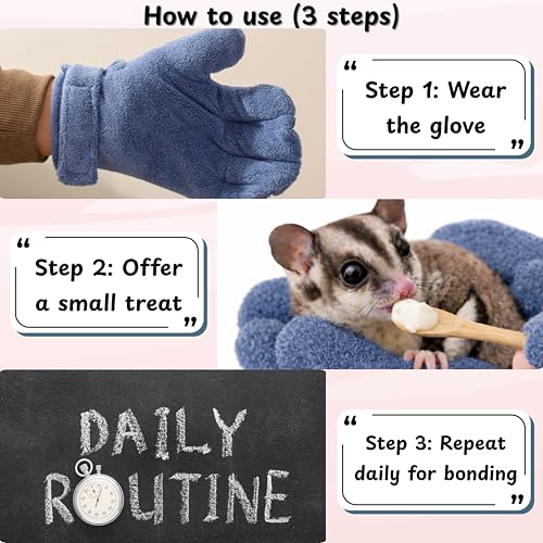 Hamster Anti Bite Gloves Sugar Glider, Calming Anti Bite Gloves and Feeding Spoons, Soft Bonding Mitt for Training Grooming Handling, Sugar Glider Cage Accessories, Dwarf Hamster Accessories (Blue) - color: Blue