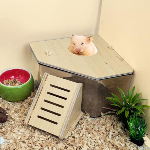 PINVNBY Hamster Sand Bath Box, Transparent Acrylic Sand Bath Shower, Gerbils Digging Room Container with Climbing Ladder and Ceramic Bowl, Litter Box for Hamsters Guinea Pigs Mice (Triangle)