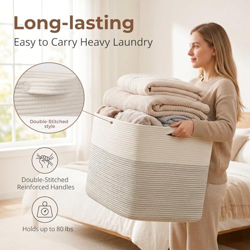 OIASKET 108L Cotton Rope Storage Basket for Living Room and Bedroom 25"x16"x16" Woven Laundry Basket, Heavy Duty Bin for Blankets, Pillows & Toys, Pet-Safe & Scratch-Free, Black and White - color: Black & White