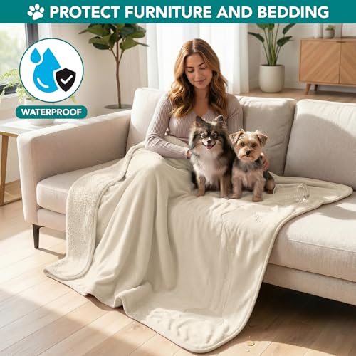 PETAMI Sherpa Fleece Waterproof CAT and Dog Blanket, Beige, Large - color: Beige, size: Large (40x60)