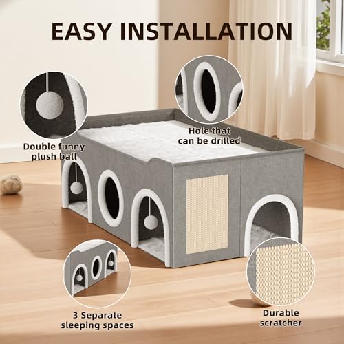 Top Bed Three Rooms Cat Condos,All-in-1 Extra-Wide Cat House for Indoor，Multi Cats Puppy Family, Large Cat Cave for Pet House with Fluffy Ball Hanging and Scratch Pad, Foldable Hideaway