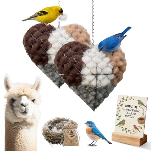 2pc Handmade Alpaca Fiber Heart Bird Nesting Material Holder Hummingbird Nest Balls Ornament for Cage Box Cage Accessories Nido Para Periquitos House for Wild Birds Handmade Metal Refillable Birds