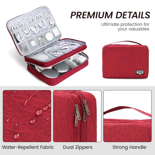 Electronic Organizer Travel Case, Double Layer Cable Organizer Bag | Double-layer design with adjustable dividers, mesh pockets and elastic loops for chargers, cables, power banks and gadgets - color: red
