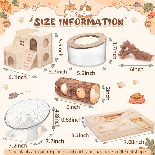 Leitee 6pcs Hamster Cage Accessories, Hamster Sand Bath Box, Wood House, Tunnel Hideout Place, Climbing Branches Decor, Silent Running Exercise Wheel, Interactive Enrichment Toys for Rabbit Gerbils
