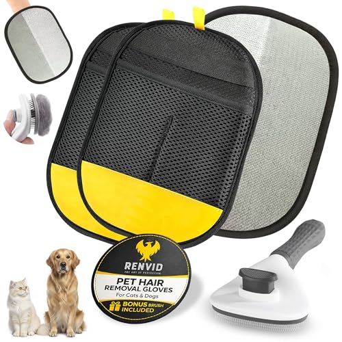2PCS Pet Hair Removal Gloves & Brush for Cats & Dogs – Electrostatic Lint Remover Mitts – Reusable Fur Cleaning Glove for Couch, Clothes, Car & Furniture – Easy Grooming Magic Brush