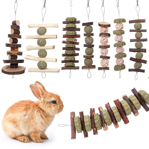 7 Pcs Bunny Chew Toys, Natural Apple Wood Hanging Rabbit Chew Toy Treats for Guinea Pigs Hamsters Chinchilla Ferret Rats, Improve Small Animal Dental Health for Teeth Grinding