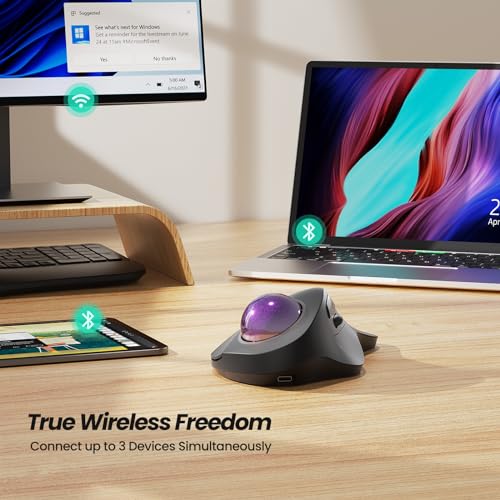 Nulea M505A Wireless Trackball Mouse Ergonomic 44mm Index Finger Control | Rechargeable rollerball mouse with 5 DPI levels,Bluetooth connection,smooth tracking,compatible with PC Mac Windows-Purple - color: C-Purple