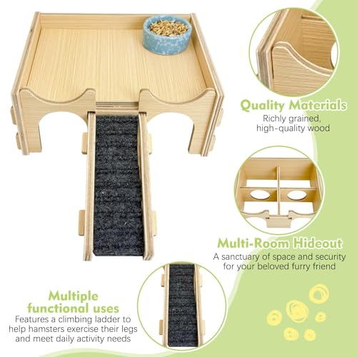 BNOSDM Wooden Hamster Hideout Syrian Hamsters Multi-Room Hideouts & Tunnel Exploring Toys Gerbils Wood House with Ladder for Dwarf Mouse Mice Rat and Other Small Animals - color: Wooden Hideout with Bridge
