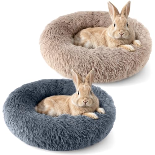 2 Pack Rabbit Bed, Fluffy Donut Shaped Bunny Hideout Comfort Sleeping Mat | Washable Comfort Hideaway Nest Bed for Guinea Pig, Kitten, Chihuahua, Small Pet - color: Dark Gray + Khaki
