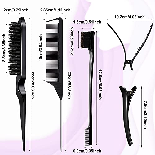 Remerry Hair Brush Set, 12 Pieces Nylon Brushes Including 3 Row Salon Teasing Brushes, Double Sided Edge Brush, Rat Tail Combs, Duckbill Clips for Women Girls - Black - color: Black