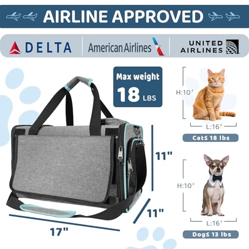 GAPZER Cat Carrier American, United, Delta Airline Approved Soft Travel Bag | Pet Airplane Crate Medium Cat 15 lbs Privacy Curtatin, Small Dog Crate Under 10 Pound TSA Approved Softsided Carry Cage Cabin - size: 17"x11"x11"