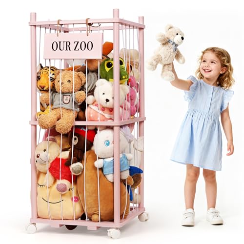 Stuffed Animal Storage Zoo, Wooden Stuffed Animal Organizer with Wheels | Stuffy Storage with Upgraded 5-Row Elastic Cords, Space-Saving Plush Toy Storage Holder for Playroom, Bedroom, Nursery - color: Pink, size: Small