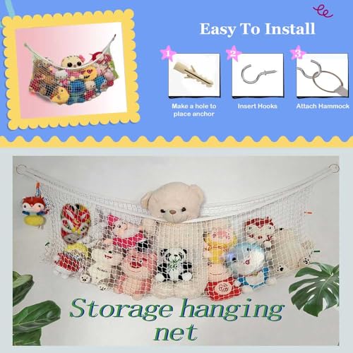 Stuffed Animal Hammock, Corner Wall Storage Net for Plush Toys, Polyester Hanging Organizer for Bedroom and Playroom Decor, White, 51 Inch, Includes Hooks - size: 1.3m