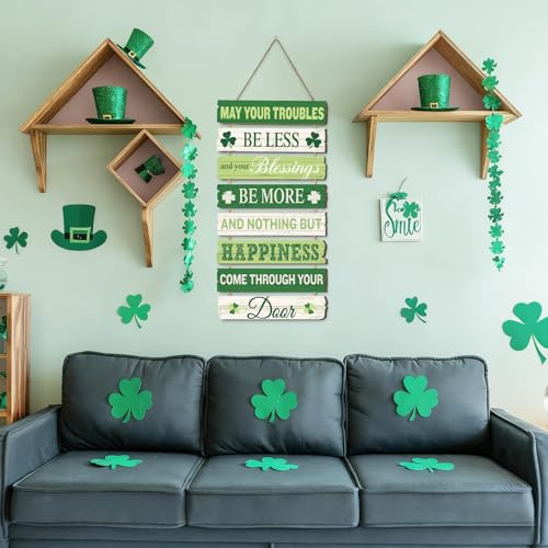 JarThenaAMCS St. Patrick's Day Door Sign Wooden May Your Troubles Be Less Irish Blessing Sign Shamrock Rustic Hanging Wall Decor for Indoor Outdoor Farmhouse Home Party Decor - style: St. Patrick's Day