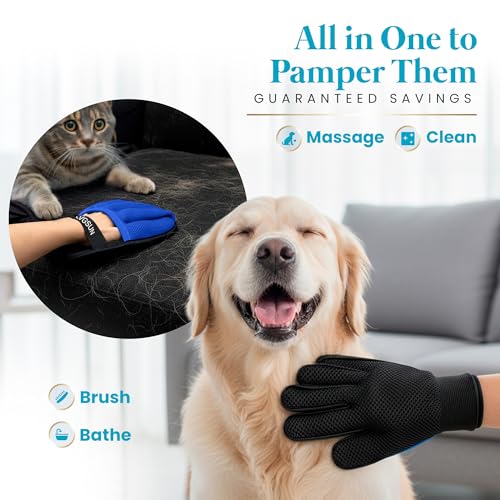 Cat Grooming Kit for Shedding – Deshedding Gloves + Self-Cleaning Mitt | Pet hair remover set for shedding - brush gloves for cats & dogs with long or medium coats, self-cleaning mitt