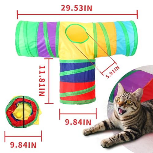 Pet Cat Tunnel, T-3 Way Tunnels for Indoor Cats, Collapsible Pet Tunnel for Kitten, Puppy, Rabbit, 25cm-Wide Tunnels, Durable & Breathable, with Peek Hole Toy Ball - color: T-Junction Tunnel & Rainbow
