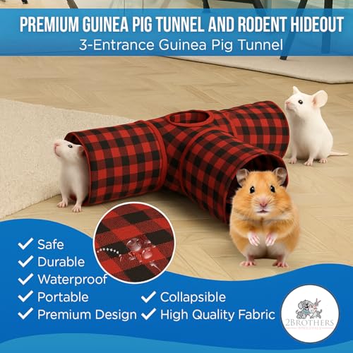 Tunnels with 3-Way Entrance - Cozy, Washable Guinea Pig Hideout - Interactive Cage Toys (Red Plaid) - color: Red Plaid
