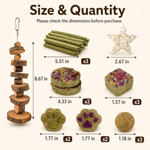 Grddaef Rabbit Toys, Guinea Pig Toys 17Pcs Natural Timothy Hay Bunny Chews and Treats for Hamster Chinchilla Gerbil - color: 17 Pcs