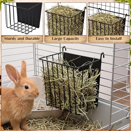Rabbit Hay Feeder Set with 2 Bowls and Chew Toys, Heavy Duty Metal Hay Holder for Rabbits, Guinea Pigs and Chinchillas, Hanging Cage Feeding Accessories