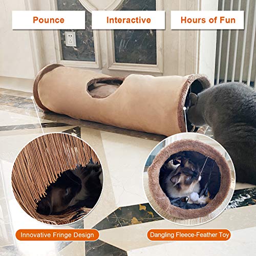 Collapsible Cat Tunnel Pet Play Tube Crinkle Tunnel with Cat Toys，Length 35" Diameter 9.7" - color: Brown, size: 35 inch
