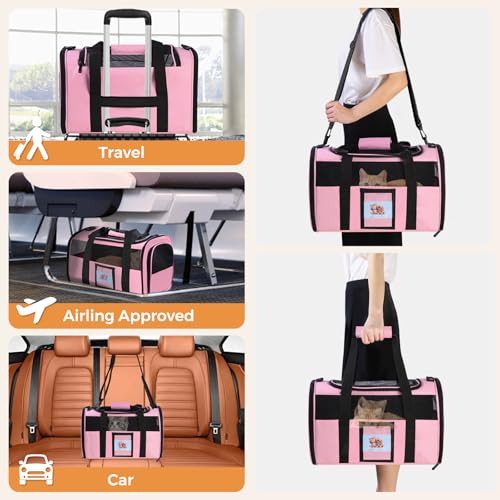 Cat Carrier Soft with Detachable Food Bowl,Soft-Sided Pet Bag(Up to 16 lbs) | Puppy Crate with Lockable Zippers,Airline Travel for Small Dog,Kitten,Animal,Breathable Mesh Kennel,Carrying Case,Pink - color: Pink, size: 17.0"L x 12.0"W x 11.0"H