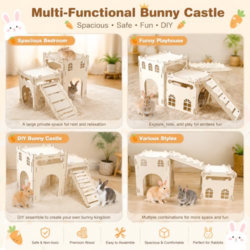 Rypet Large Wooden Rabbit Castle, Bunny Castle Hideout with Stairs | 2 Detachable Houses with Stairs, Breathable Bunny Indoor Playhouse, Quick Assembly, For Guinea Pigs, Chinchillas, Ferrets