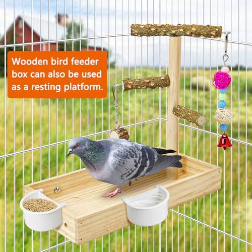 BNOSDM Wooden Bird Feeder for Cage Natural Wood Parrot Feeding Cups Bird Food Dish with Perch Stand for Parakeets, Budgies, Cockatiels, Lovebirds, Finches, Pigeons - size: L:12 x 6 x 1.6in