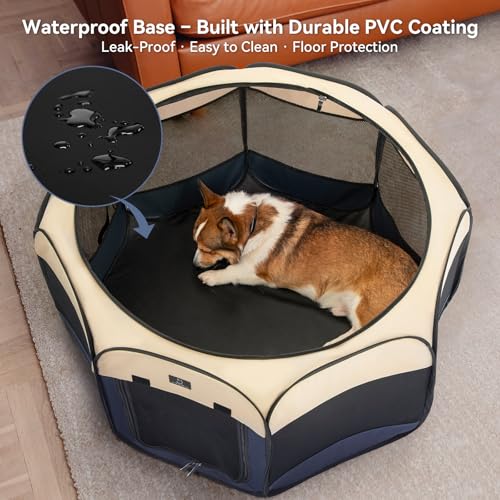 A 4 Pet 50.39-in Dog Playpen, Small Dogs & Puppies, Blue+Beige | Includes bowl, waterproof floor, pop-up design, home/travel/outdoor use - color: Blue+Beige, size: L(50.39"x50.39"x25")