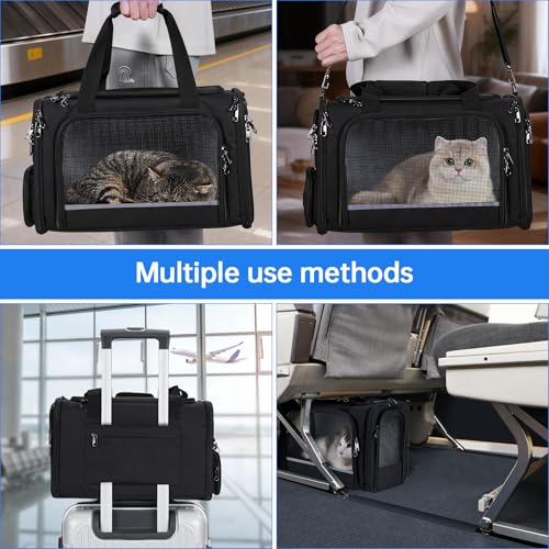 Cat Carrier Pet Travel Carrier by Airplane Approved Under Seat, TSA Airline Approved Soft-Sided Carrier Bag for Cats, Dogs, 17.5 x 8.5 x 11 Inches, Black - color: Black