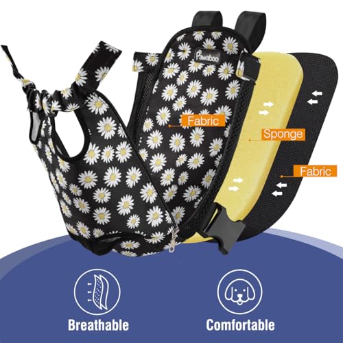 Pawaboo Pet Front Carrier Backpack for Small Medium Dogs | Legs Out Easy-fit,Adjustable Straps,Hands-Free,Soft Padded Support for Travel Hiking Cycling Camping ,Black Daisy,L - color: Black Daisy Print, style: Large (Pack of 1)