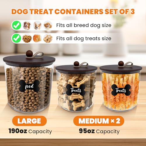 HOYTAMDAR 3 Pack Airtight Dog Treat Containers Bamboo Lids, Dog Treat Jars | Dog Food Storage Container with Scoops, Clamps, Labels and Marker, Dog & Cat Treat Holder - color: Brown - 3 Pack
