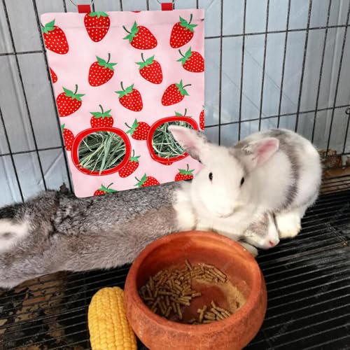 JarThenaAMCS 2Pcs Rabbit Hay Feeder Bag with 2 Holes Pink Strawberry Guinea Pig Hanging Hay Feeding Bag Storage Dispenser for Chinchilla Hamster Bunny Small Animal Pet