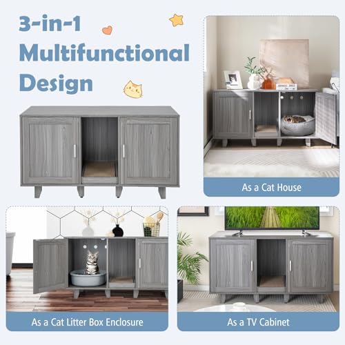 PETSITE Litter Box Enclosure for 2 Litter Boxes, Hidden Cat Washroom TV Stand End Table with 2 Cabinet, Scratching Board, Indoor Cat Litter Furniture (Grey Wash), Patented - color: Grey Wash