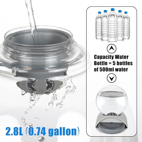 Pet Water Dispenser, 2.8L Automatic Gravity Cat Water Dispenser for Cats, Dogs & Rabbit, Detachable Cat Dog Water Dish Feeder with Spherical Waterer Bubble, Grey
