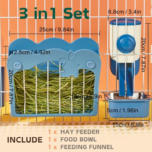 Rabbit Hay Feeder, 3-in-1 Feeding Set with Food Bowl and Hanging Funnel for cage, Hay Rack for Bunny Guinea Pig Chinchilla (Blue) - color: Blue